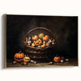 Pumpkin Basket Halloween Wall Art - Rustic Spooky Oil Painting