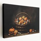Pumpkin Basket Halloween Wall Art - Rustic Spooky Oil Painting
