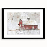 Framed landscape barn wall art in a black frame with a mat, showcasing a rustic country scene. Ideal for enhancing home decor with a cozy farmhouse aesthetic.
