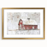 Golden-framed landscape barn wall art featuring a serene countryside scene with lush greenery and a clear blue sky, elegantly highlighted by a white mat. Ideal for rustic home decor.