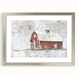 Framed landscape barn wall art in silver with a mat, showcasing a rustic scene that adds charm to home decor. Ideal for farmhouse-style interiors.