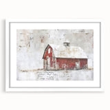 White-framed landscape barn wall art with matting, showcasing a serene rural scene, perfect for enhancing home decor in country or farmhouse styles.