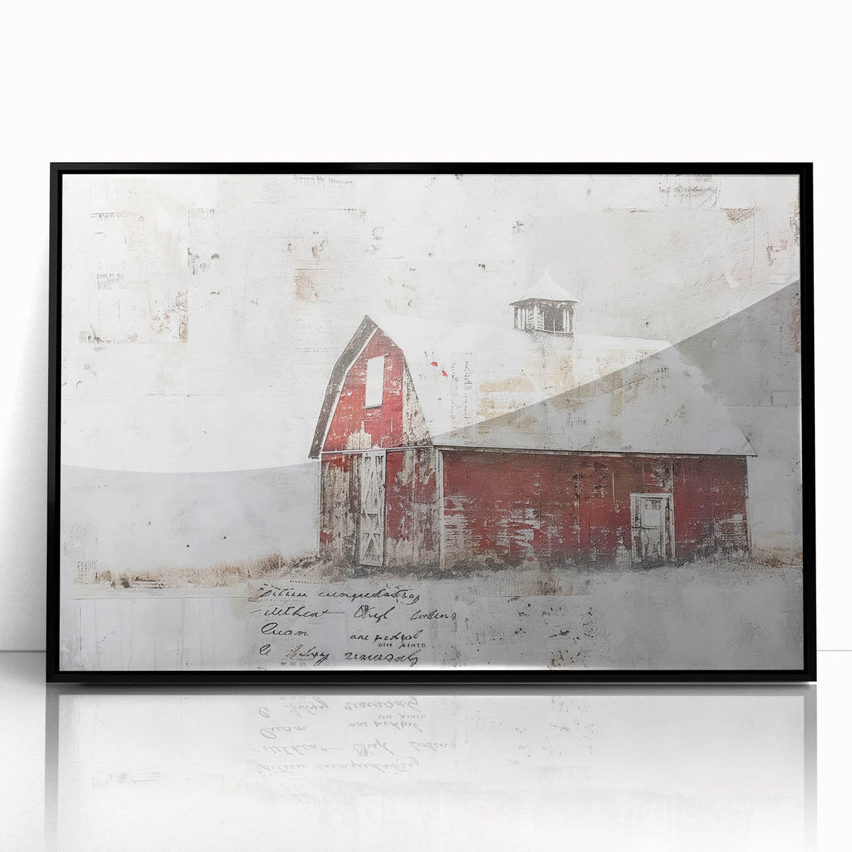 Framed landscape barn wall art featuring a serene rural scene, crafted with black acrylic for a modern touch, perfect for home decor enhancement.