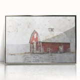 Framed acrylic wall art depicting a serene landscape scene of a rustic barn, featuring silver accents and a modern design, ideal for home decor enhancement.