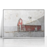 Framed acrylic wall art depicting a serene landscape scene with a rustic barn, set against a vibrant sky, perfect for enhancing home decor.