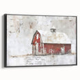 Framed canvas wall art showcasing a scenic barn landscape with a black frame, emphasizing rustic charm and nature's beauty, perfect for home decor.