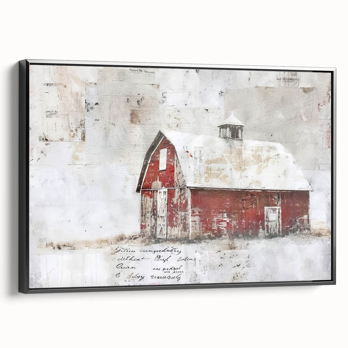Framed canvas wall art showcasing a scenic barn landscape with a black frame, emphasizing rustic charm and nature's beauty, perfect for home decor.