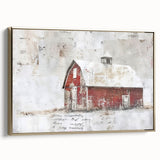 Framed canvas wall art showcasing a rustic barn landscape design with golden accents, displayed in a chic frame, perfect for enhancing home decor.
