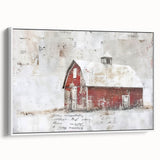 Framed canvas wall art depicting a picturesque landscape of a rustic barn surrounded by lush greenery, showcasing vibrant colors and natural beauty, ideal for home decor.