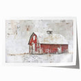 Rolled landscape barn wall art print showcasing a rustic red barn surrounded by lush green fields under a bright blue sky, presented in a protective cardboard tube. Ideal for country-themed decor.