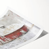 Landscape barn wall art print showcasing a rustic scene with a weathered barn and green fields, rolled and ready for framing, ideal for farmhouse decor.