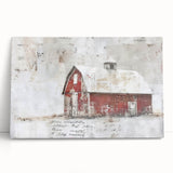 Rustic landscape barn wall art printed on stretched canvas, featuring vibrant colors and intricate details, leaning against a textured wall for a cozy farmhouse aesthetic.
