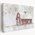 Stretched canvas showcasing a serene landscape with a rustic barn, featuring vibrant colors and detailed textures, ideal for farmhouse decor.