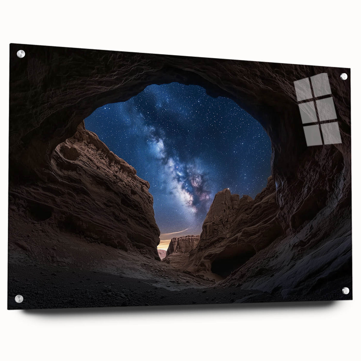 Acrylic glass artwork depicting a stunning landscape of canyons, showcasing rich hues of orange and brown, elegantly displayed with decorative pins. Perfect for modern home decor.