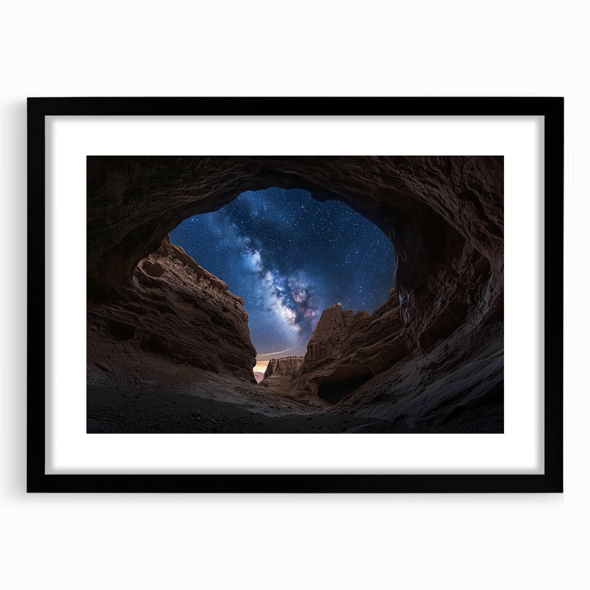 Framed landscape artwork depicting vibrant canyons in rich earth tones, featuring a sleek black mat and frame, ideal for enhancing home decor with natural beauty.