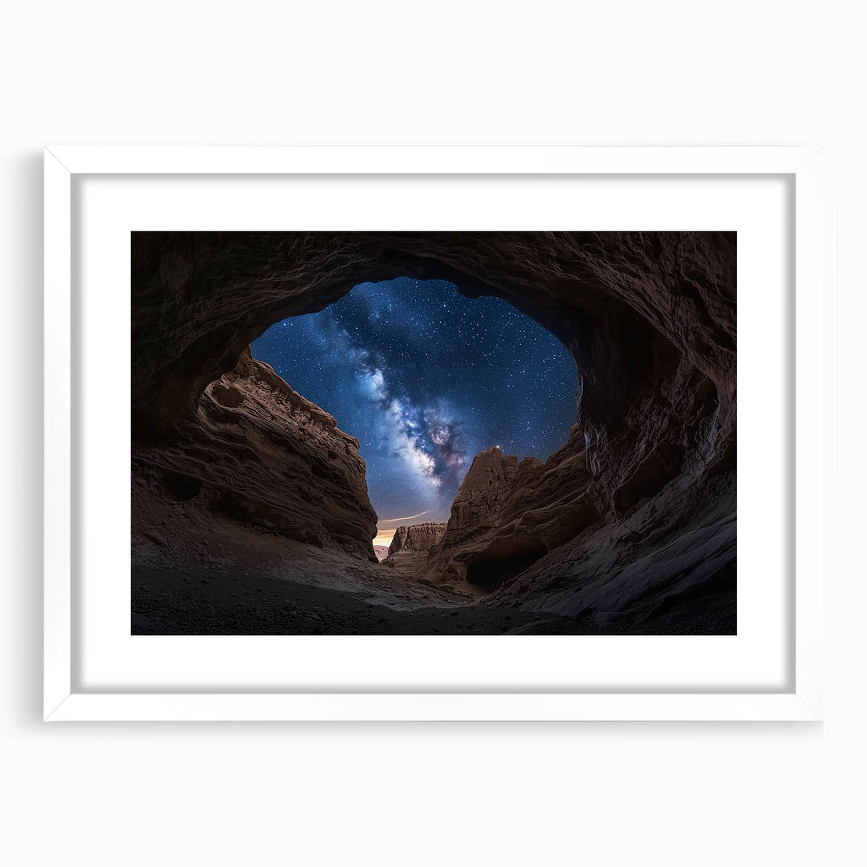 Landscape wall art featuring a stunning canyon scene framed in white, showcasing rich earthy tones and intricate details, ideal for home decor enhancement.