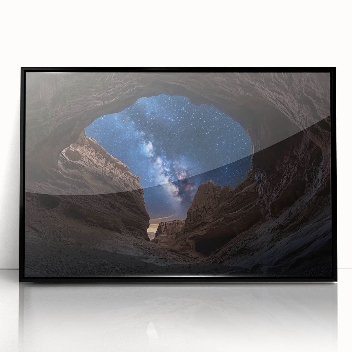 Framed acrylic artwork showcasing a stunning landscape of canyons in vibrant colors, featuring a sleek black frame, ideal for modern home decor.