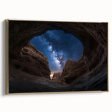 Framed canvas artwork showcasing a stunning landscape of canyons, highlighted with a gold border, perfect for enhancing modern home decor and interior design aesthetics.