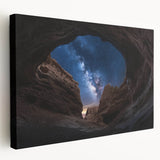Stretched canvas artwork depicting a vibrant landscape of canyons, showcasing rich earth tones and dramatic rock formations, ideal for enhancing home decor.