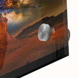 Close-up of a vibrant desert landscape design on acrylic glass, showcasing rich earthy tones and intricate details, perfect for modern home decor.