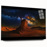 Acrylic glass artwork showcasing a stunning desert landscape in vibrant colors, featuring unique formations and textures, ideal for modern home decor.