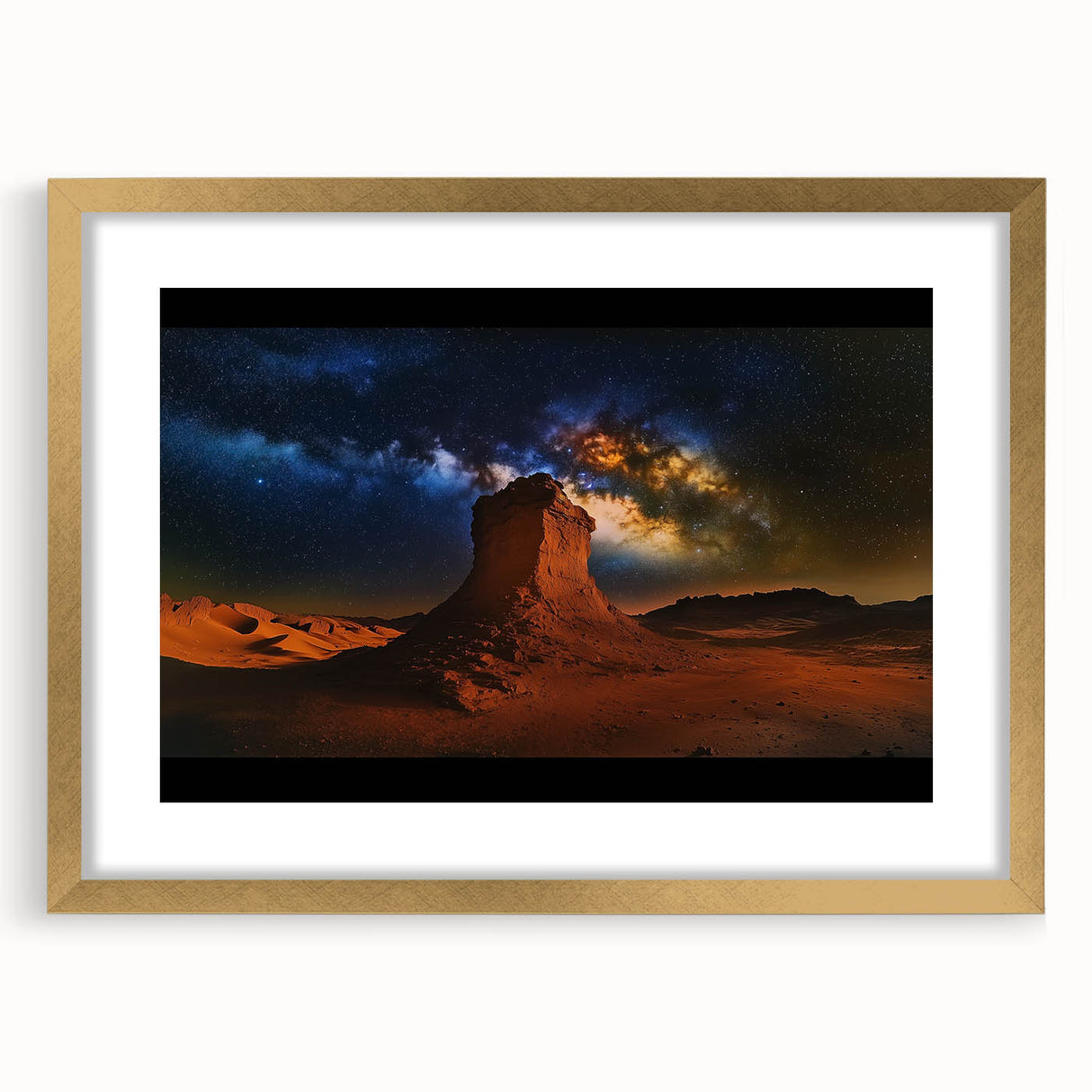 Framed desert landscape artwork with a gold mat, showcasing vibrant colors and intricate details, perfect for enhancing home decor in modern interiors.
