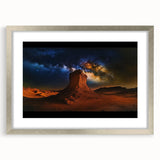 Desert landscape artwork framed in a sleek silver frame with a white mat, showcasing vibrant colors and intricate details, ideal for home decor or office spaces.