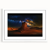 Desert landscape framed artwork with a white mat, showcasing warm tones and intricate details, perfect for enhancing modern home decor.