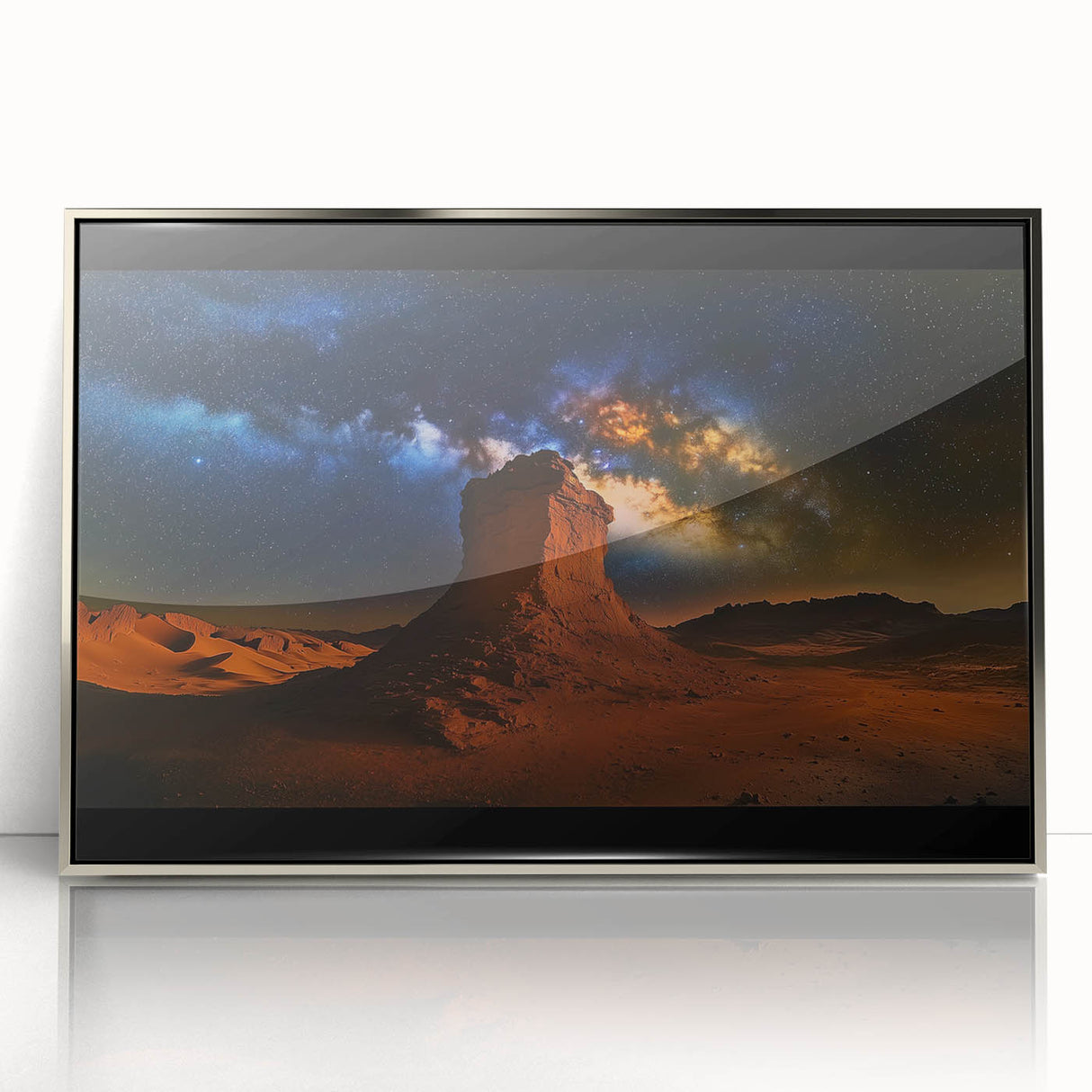 Framed acrylic artwork showcasing a vibrant desert landscape with rich colors, perfect for adding a touch of elegance to home decor. The artwork is set in a sleek silver frame, enhancing its modern aesthetic.