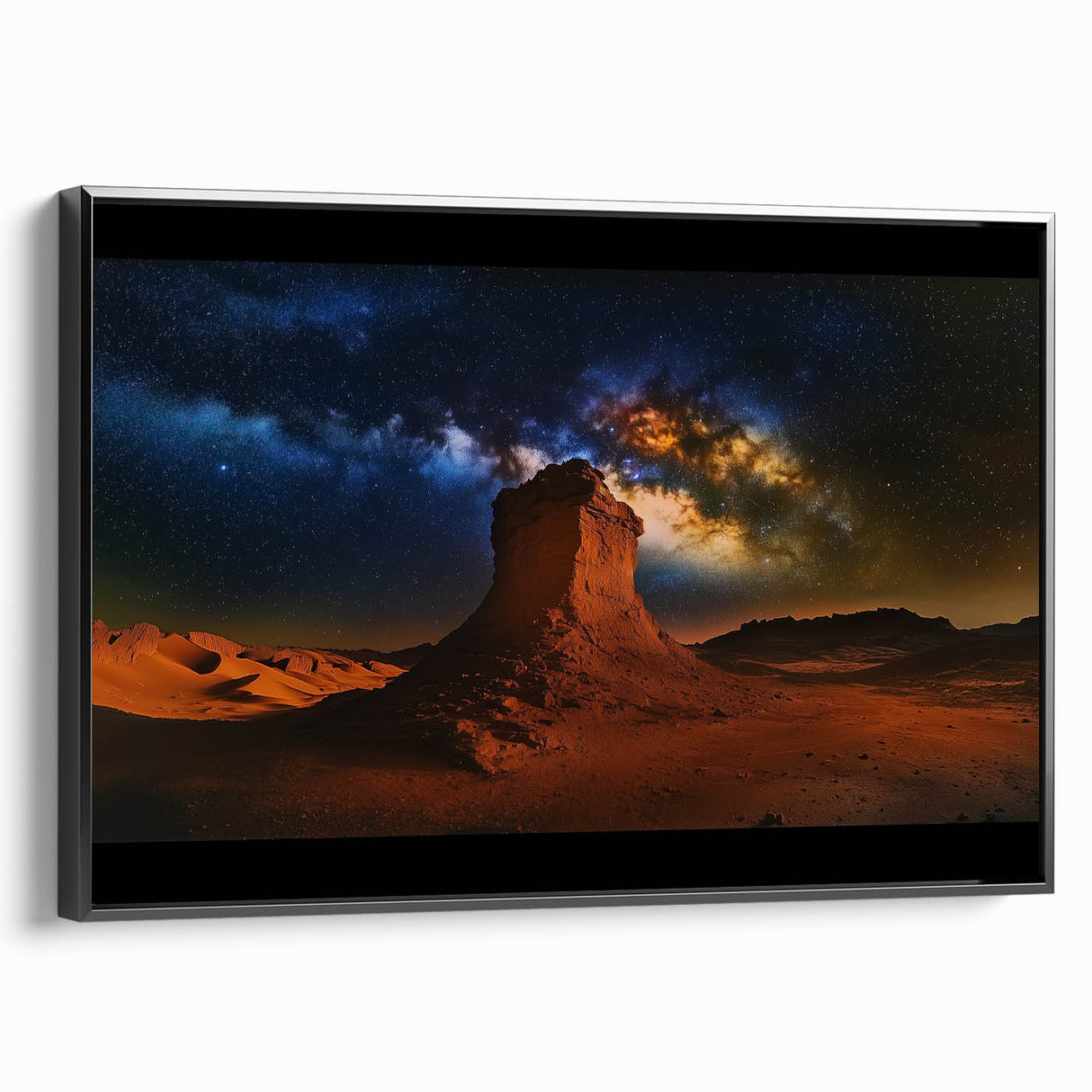 Framed canvas artwork depicting a vibrant desert landscape with warm hues of orange and yellow, featuring a sleek black frame for modern decor enhancement. Ideal for adding a touch of nature-inspired elegance to living spaces.