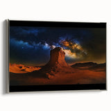 Framed canvas artwork depicting a serene desert landscape with vibrant colors and intricate details, showcased from a silver side view, perfect for home decor.