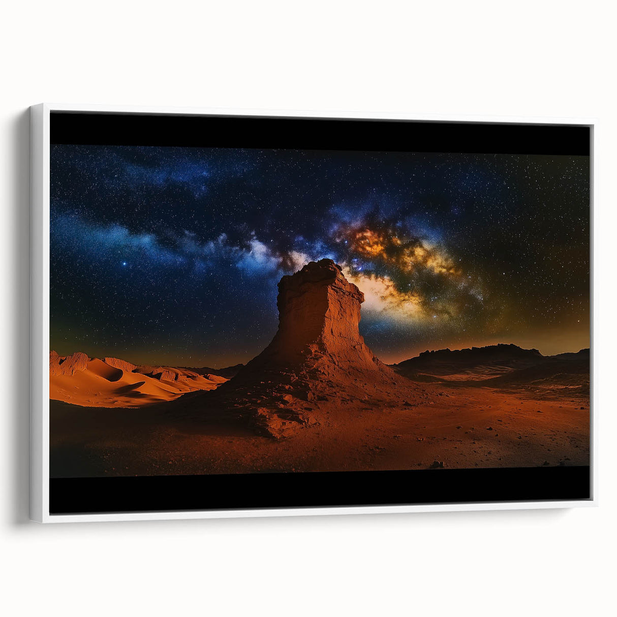 Framed canvas artwork depicting a serene desert landscape with vibrant colors and intricate details, showcased from a side view against a white background.