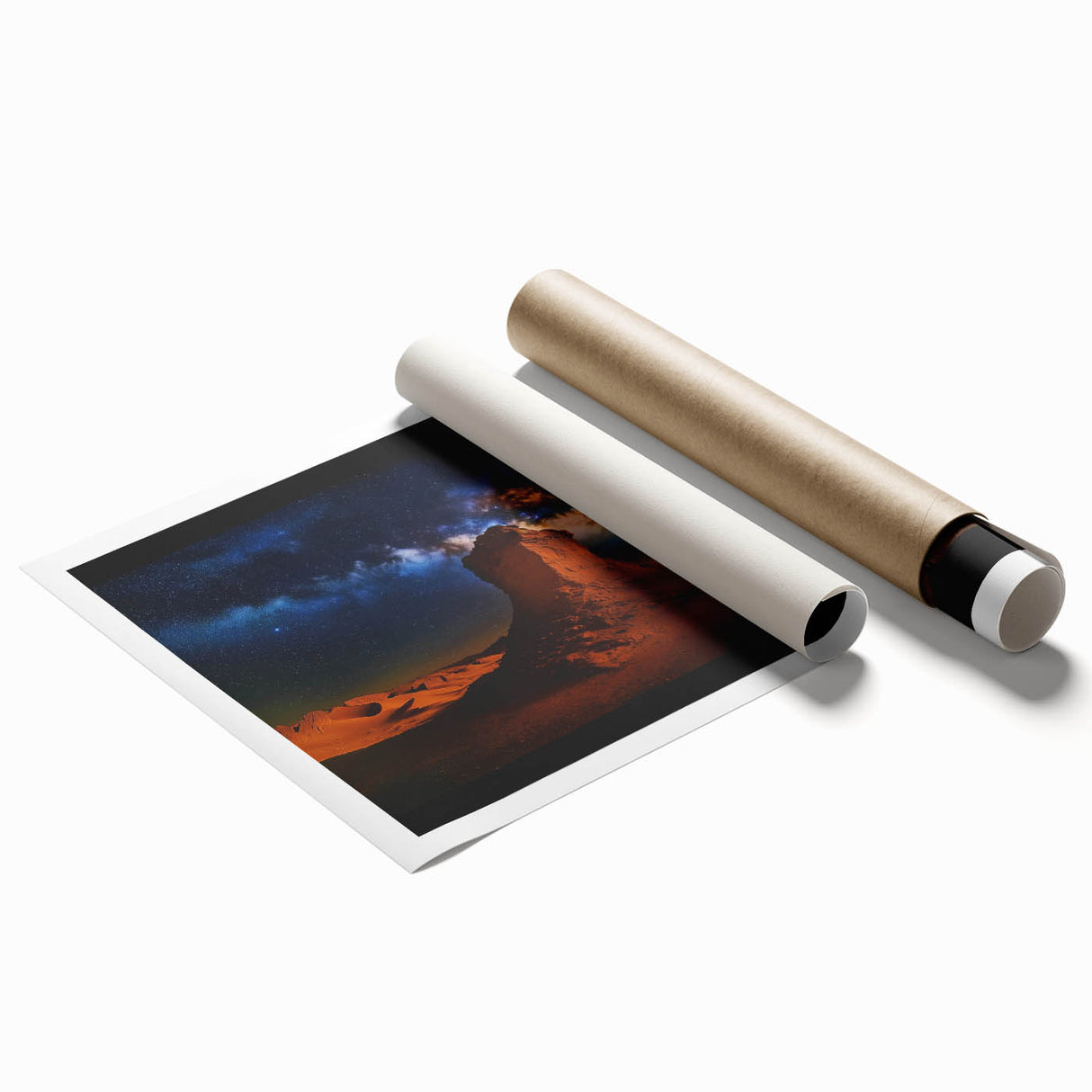 Desert landscape rolled print showcasing vibrant orange and yellow hues, featuring rolling sand dunes under a clear blue sky, packaged securely for shipping.