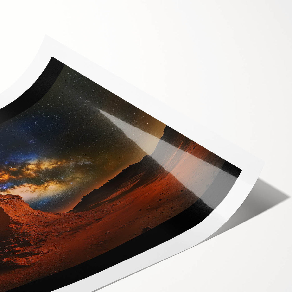 Desert landscape rolled canvas print showcasing vibrant hues of orange and yellow with rugged cliffs and a serene sky, perfect for home decor or art collections.