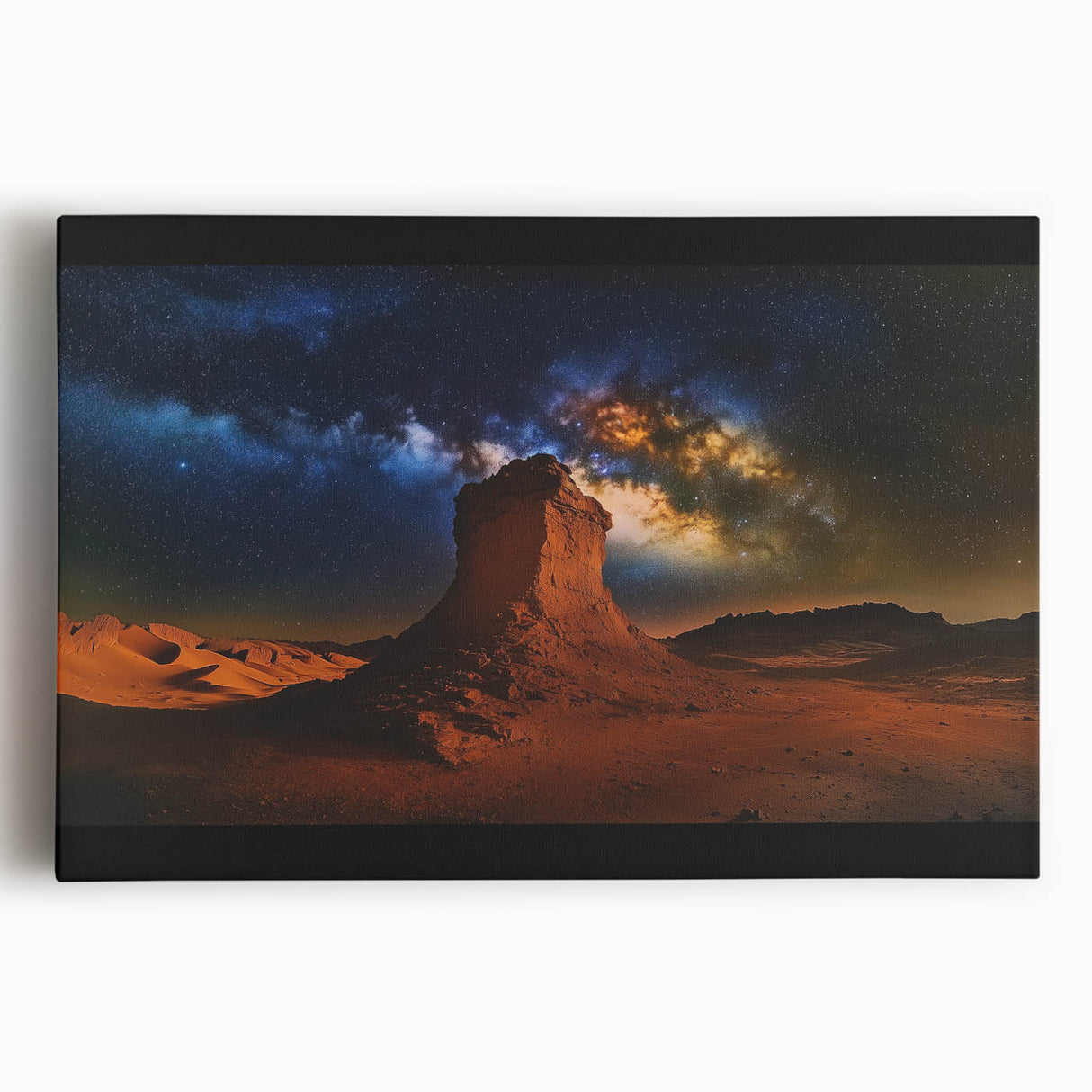 Desert landscape stretched canvas art showcasing vibrant hues of orange and blue, depicting a serene sunset over sand dunes, perfect for home decor.