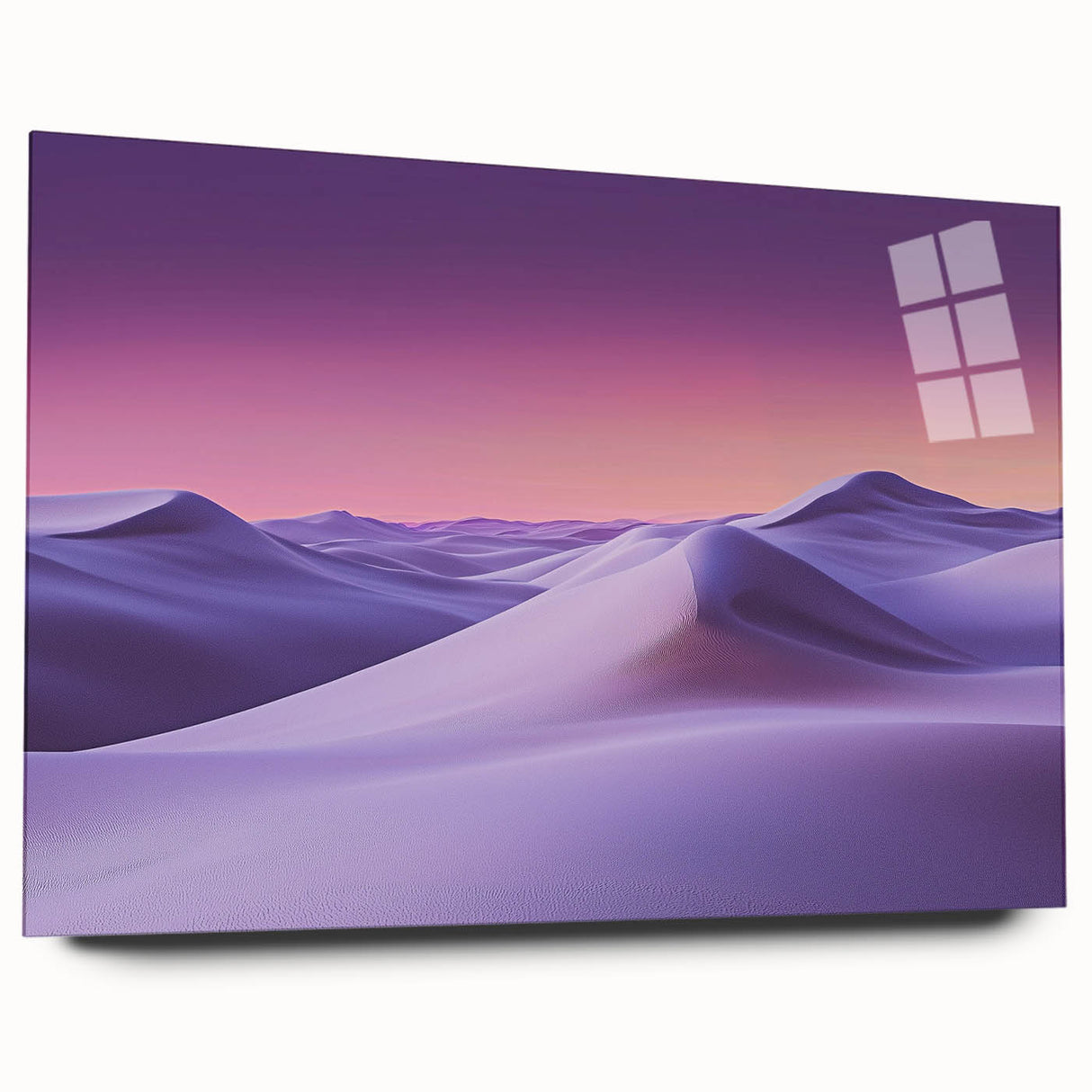 Acrylic glass artwork showcasing a stunning landscape of sand dunes, featuring vibrant colors and intricate details, displayed from a side view without pins.