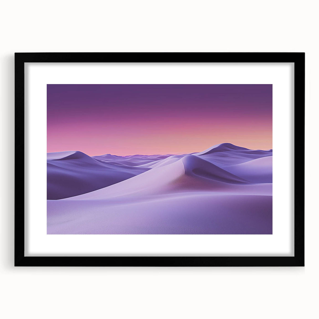 Framed landscape artwork showcasing serene sand dunes in soft beige and warm tones, presented with a black mat, ideal for modern home decor.