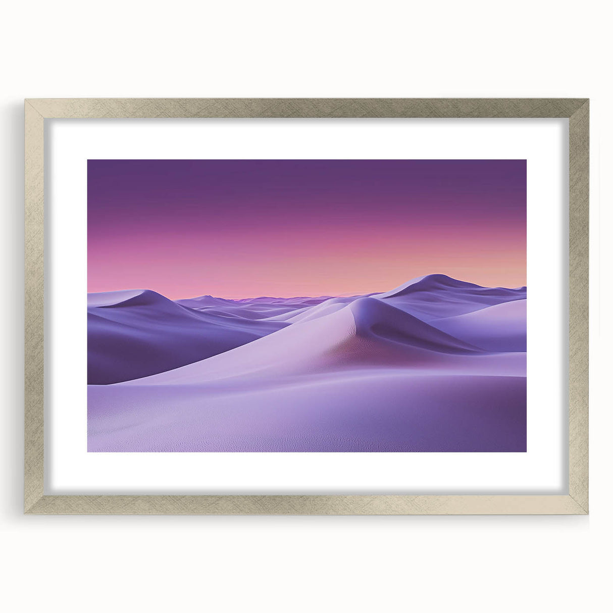 Elegant silver-framed landscape artwork showcasing serene sand dunes, enhanced by a white mat for a refined presentation, ideal for home decor. Perfect for nature enthusiasts looking to elevate their space with a tranquil touch.