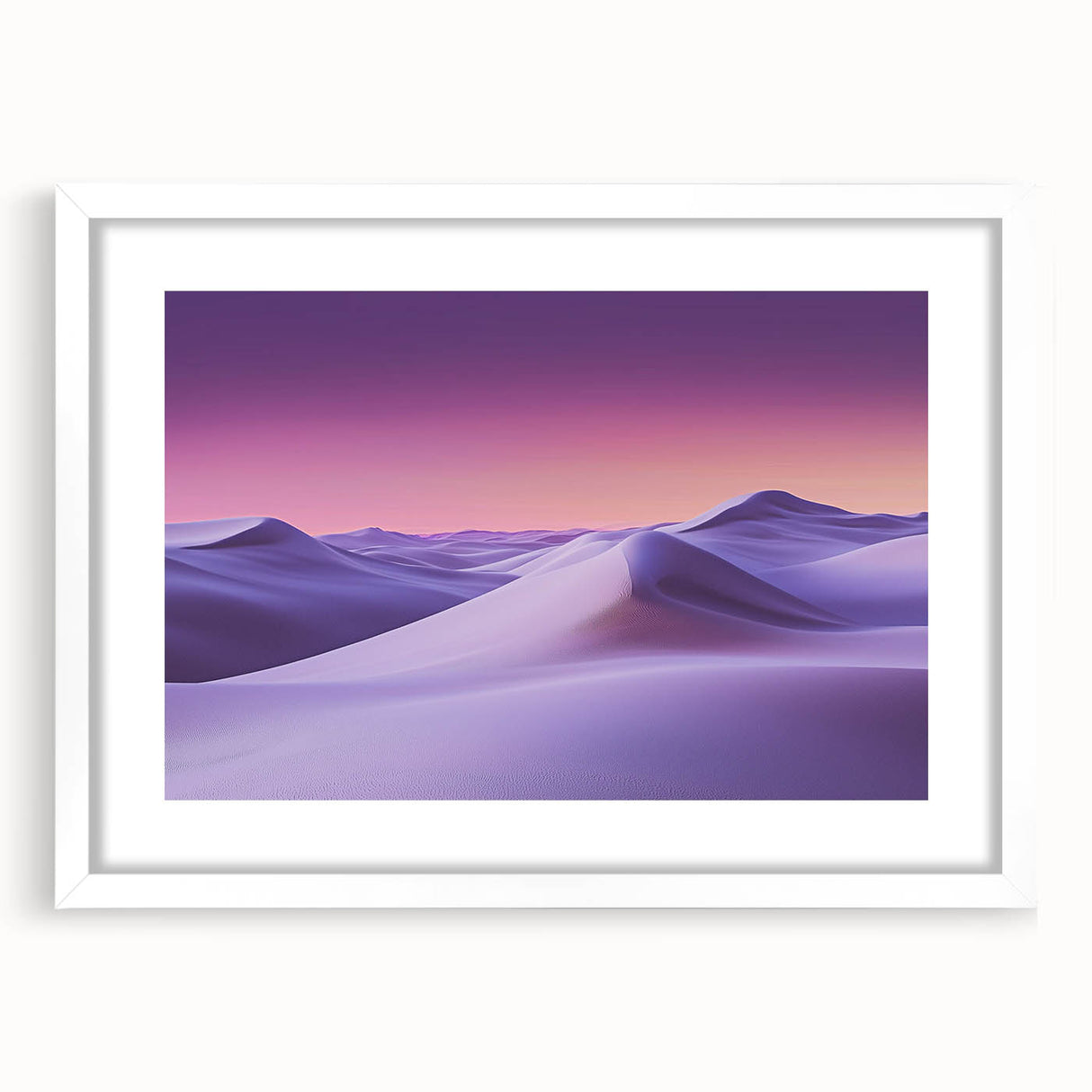 Framed landscape art print showcasing serene sand dunes, elegantly matted in white, perfect for home decor and enhancing interior aesthetics.
