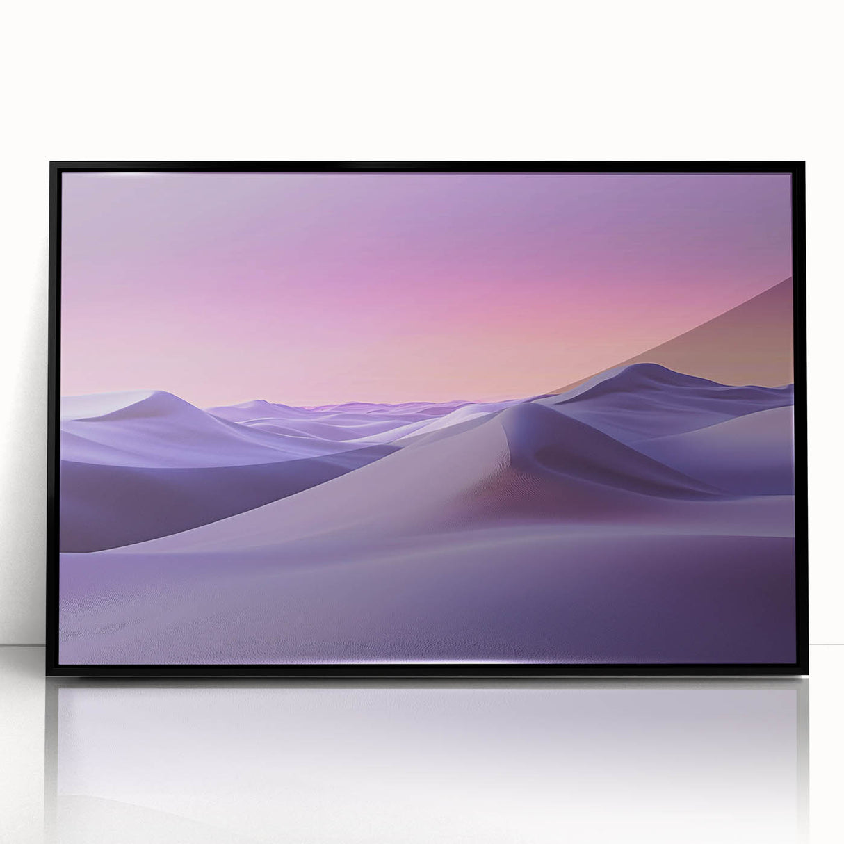 Framed acrylic artwork of serene dunes landscape, showcasing soft beige and golden hues, designed to enhance modern home decor with a sleek black frame.