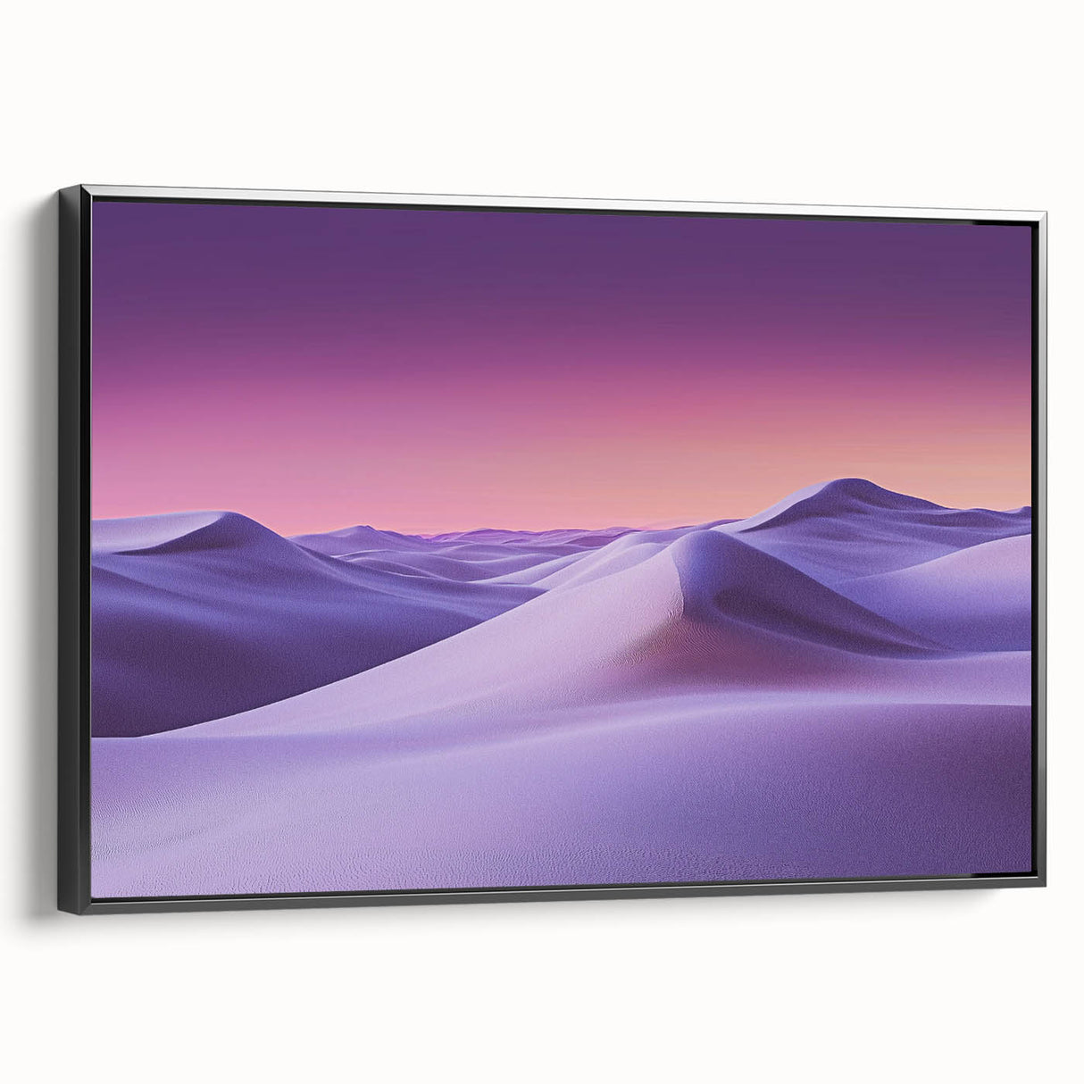 Framed canvas artwork depicting serene sand dunes in a minimalist design, showcased from a black side view, perfect for modern home decor. Ideal for nature lovers and contemporary interiors.