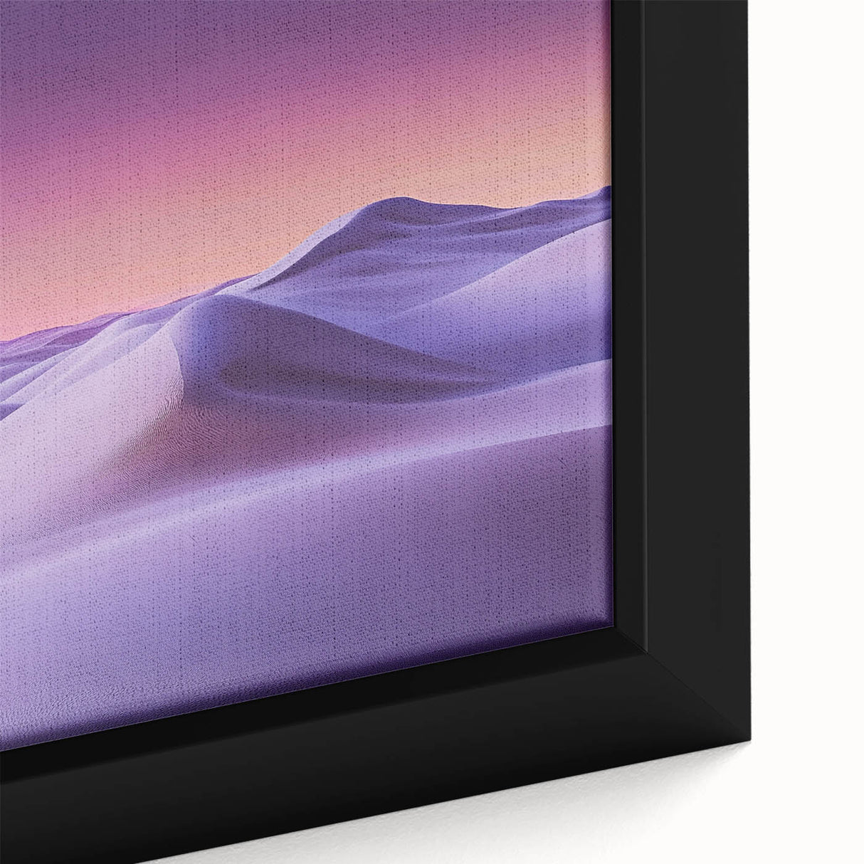 Close-up view of a framed canvas depicting serene desert dunes, showcasing warm golden and sandy tones, ideal for home decor or art enthusiasts.