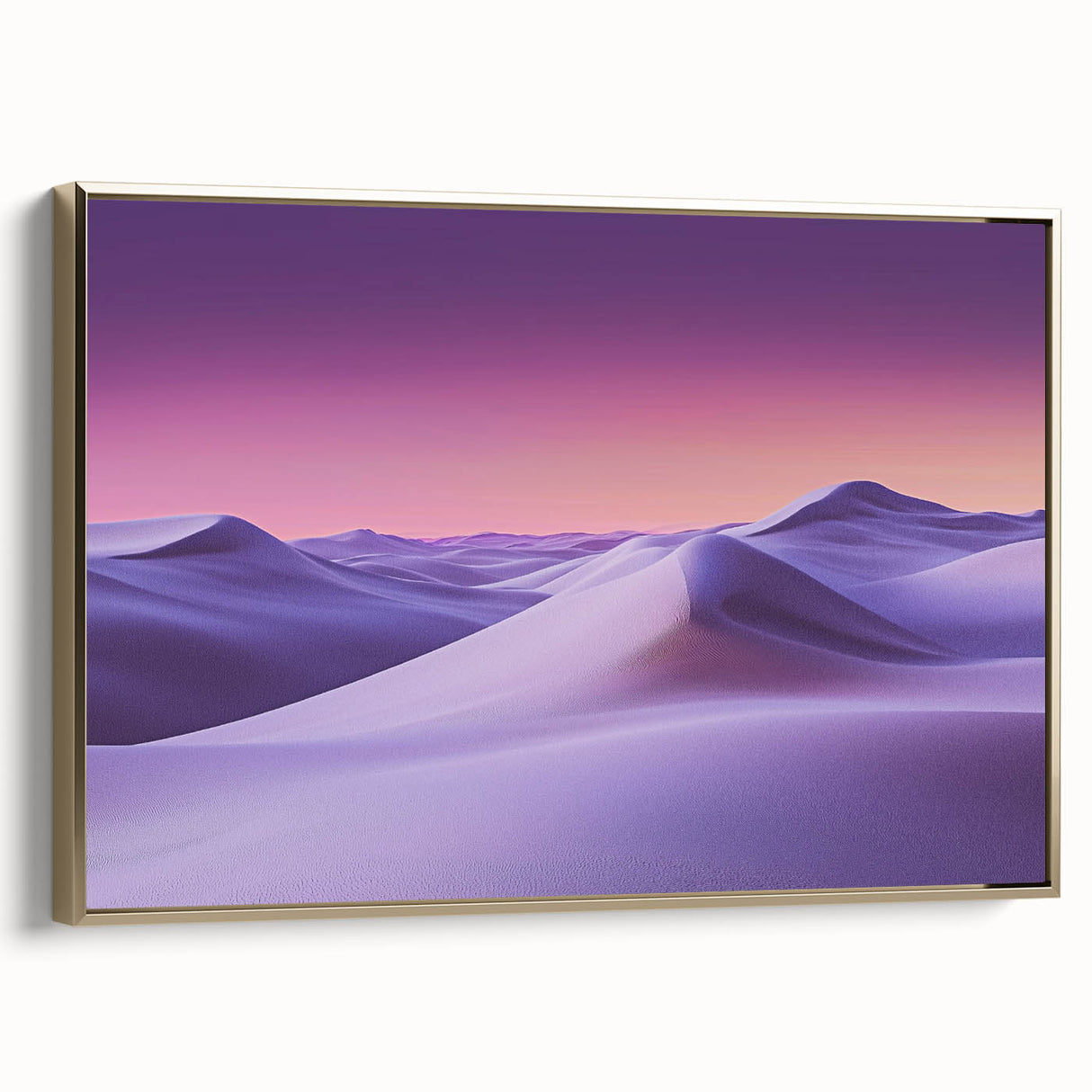 Framed canvas artwork depicting serene sand dunes, enhanced with gold accents. The elegant side view showcases its modern design, perfect for home décor.