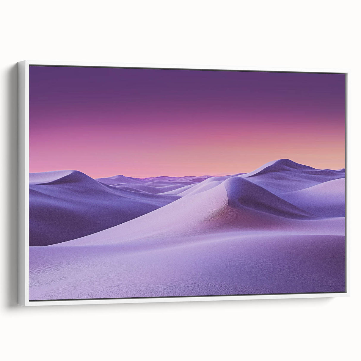 Framed canvas artwork depicting a serene desert landscape with rolling dunes, featuring soft beige and golden tones, ideal for home decor.