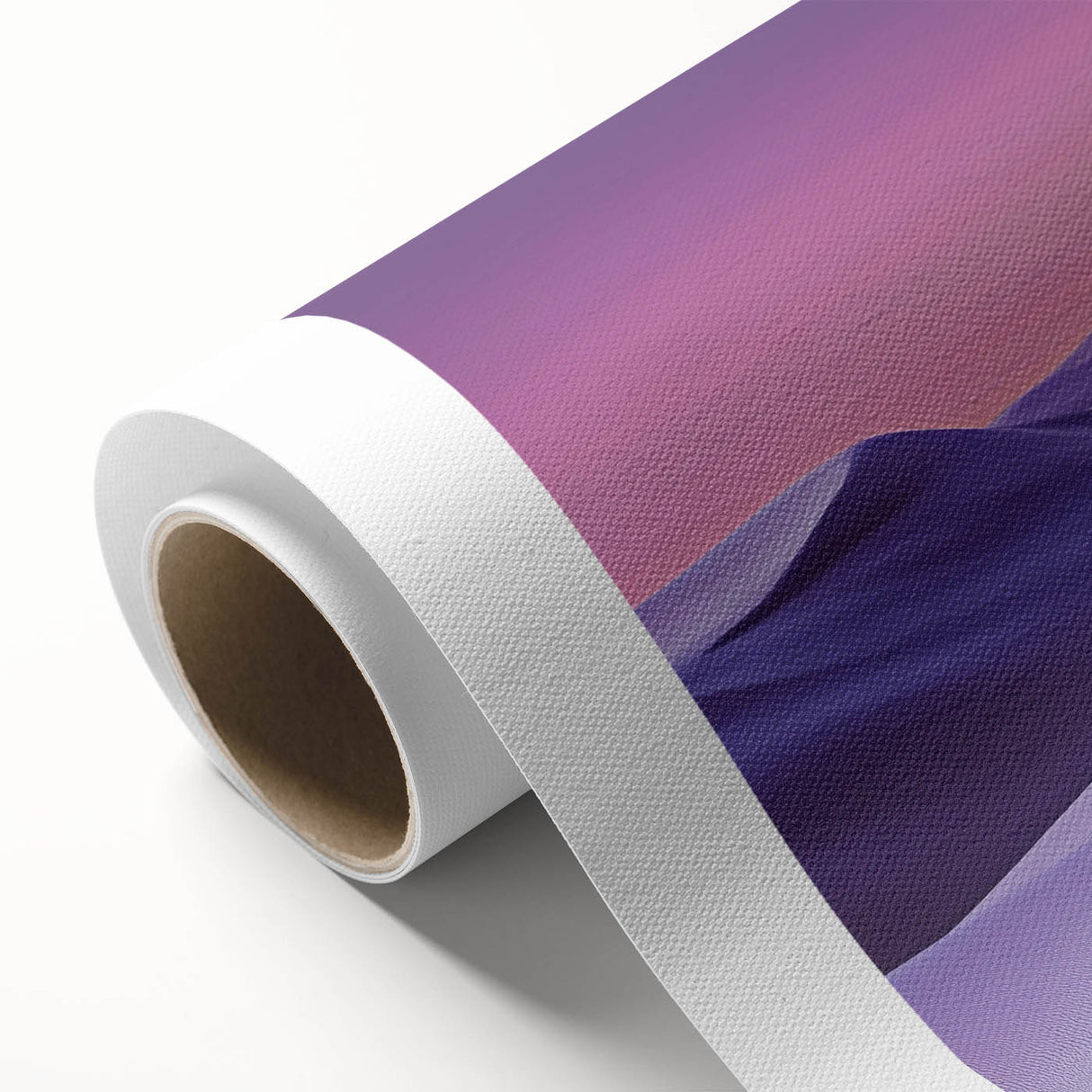 Rolled canvas depicting serene desert dunes at sunset, featuring warm hues of orange and yellow, elegantly packaged in a protective cardboard tube for safe shipping.