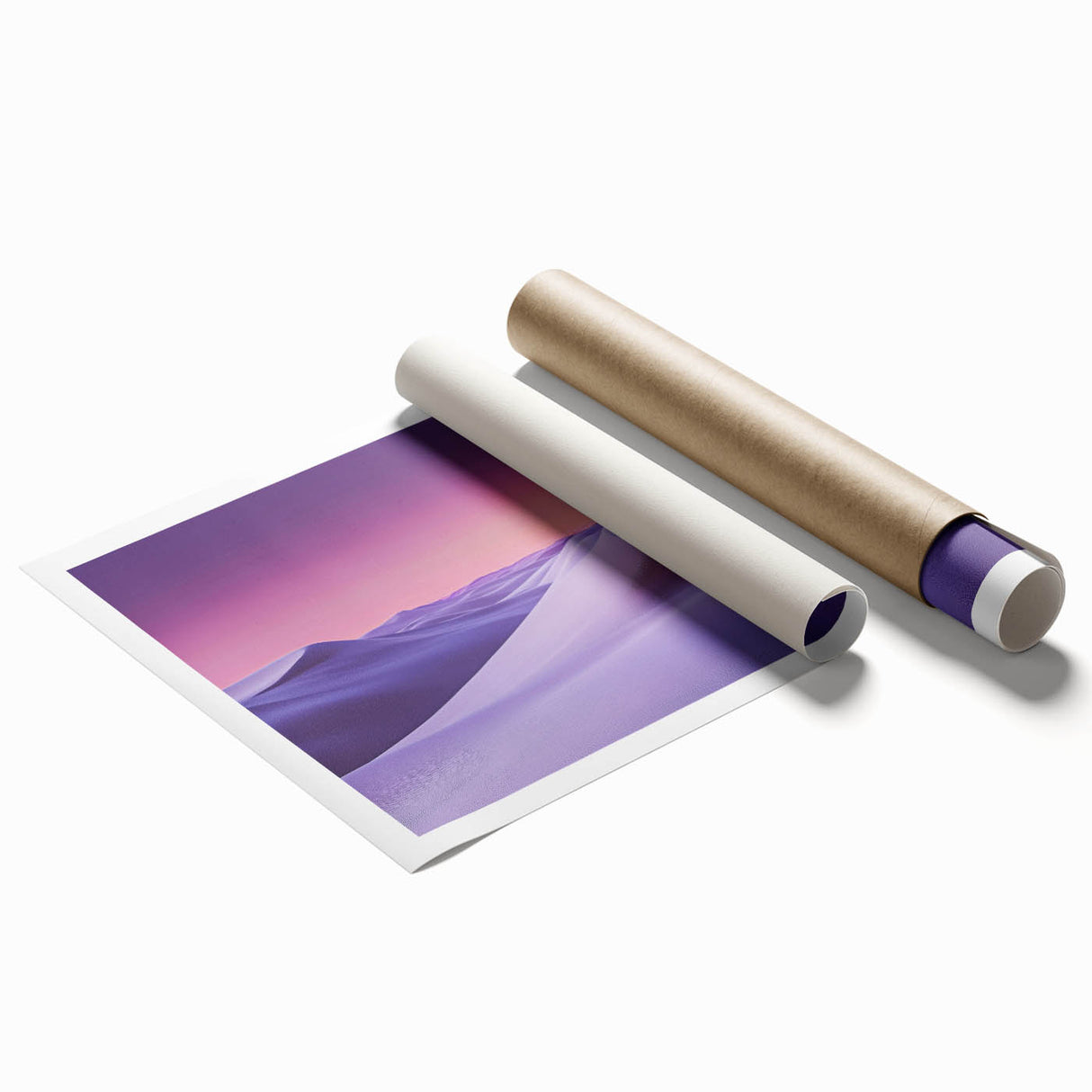 Desert landscape canvas print showcasing golden sand dunes under a bright blue sky, elegantly rolled for easy transport and display in a protective tube.