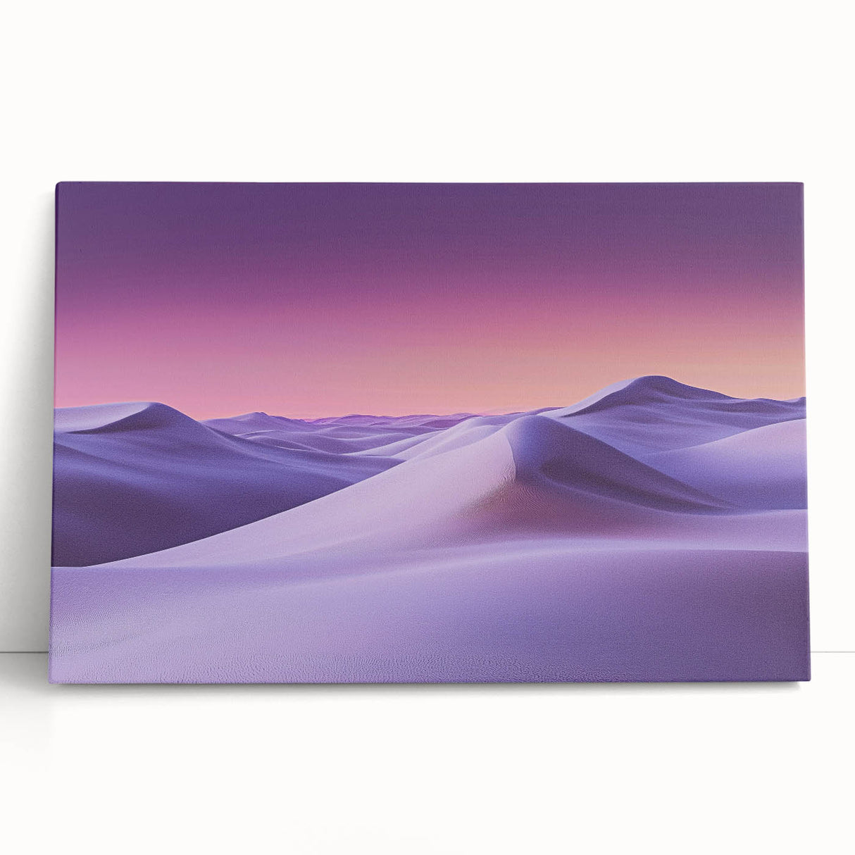 Stretched canvas artwork showcasing serene desert dunes under a clear blue sky, ideal for modern home decor, emphasizing natural beauty and tranquility.