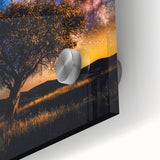 Close-up of a vibrant acrylic landscape depicting lush green fields under a bright blue sky, showcasing intricate details and rich colors, perfect for home decor.