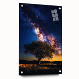 Acrylic glass artwork displaying a vibrant landscape scene with rolling fields, showcased from a side view with silver pins accentuating the design. Ideal for modern home decor.