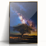 Framed acrylic artwork showcasing a serene landscape with lush green fields and vibrant blue skies, accented by a gold border, ideal for modern home decor.